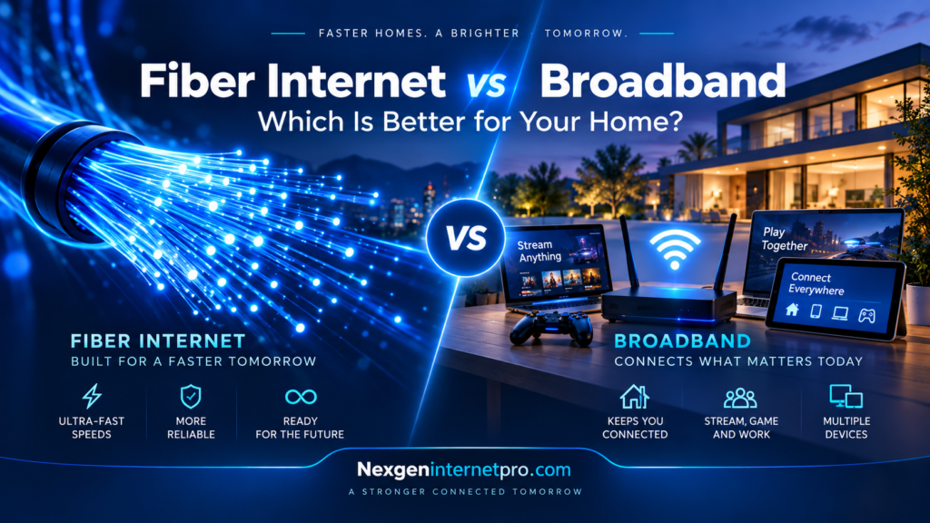 Fiber internet vs broadband comparison for home internet speed, reliability and connectivity